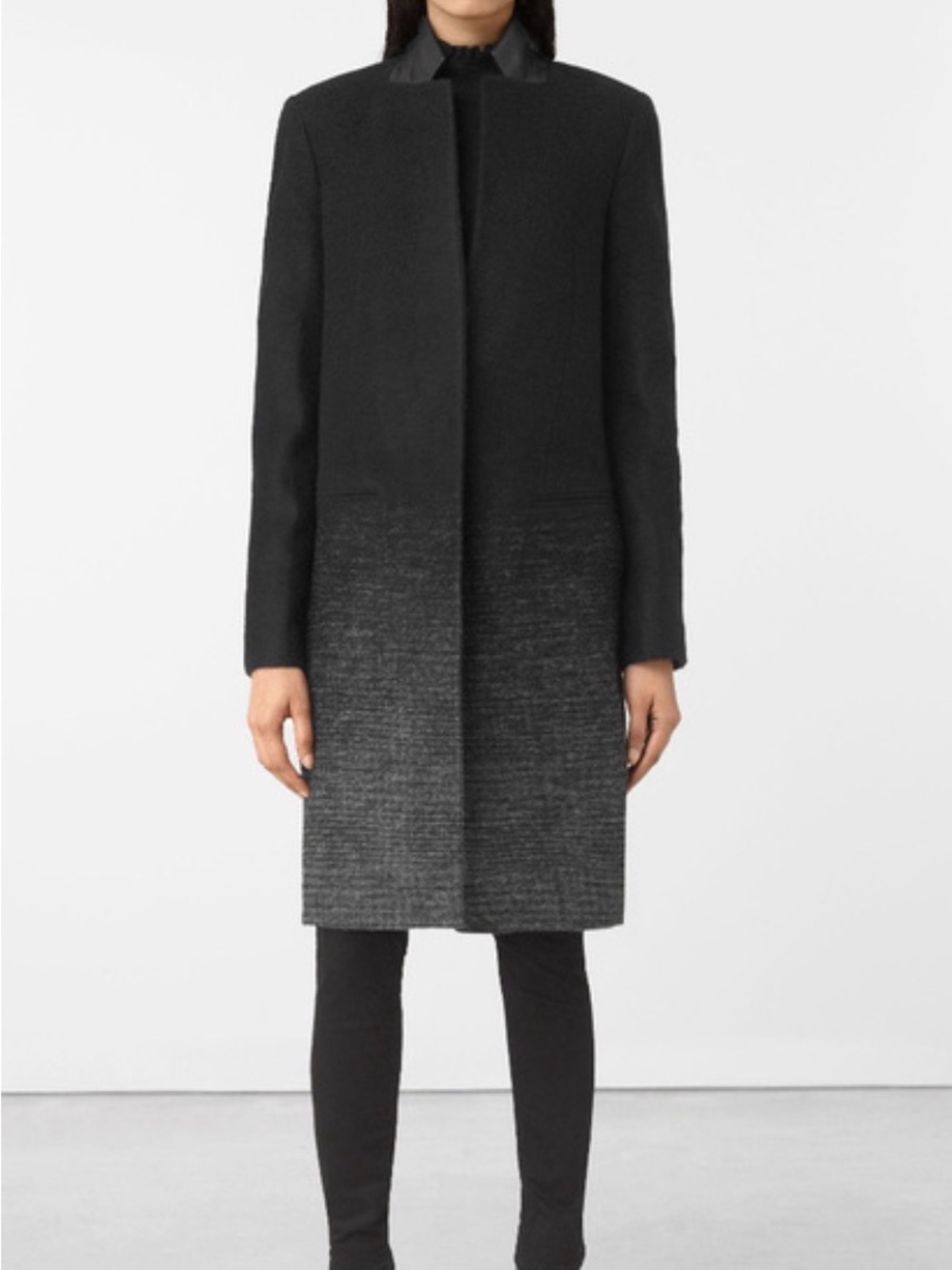 AllSaints Italian Wool Leather Trim Ombré Coat US 6 Black Gray